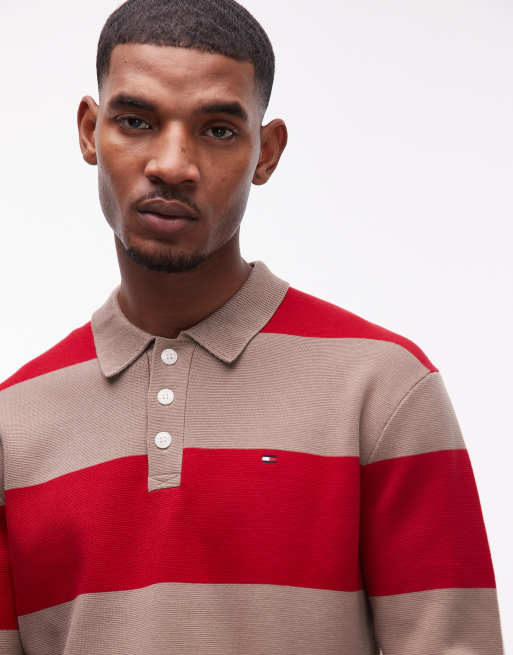 Tommy Hilfiger block stripe long sleeve rugby polo shirt in red and tan , 5 of 5