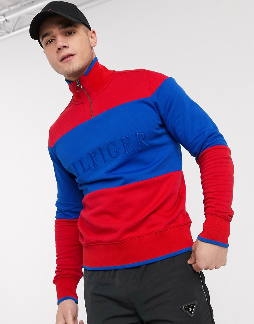 Tommy Hilfiger block stripe tonal chest logo half zip sweatshirt in primary red