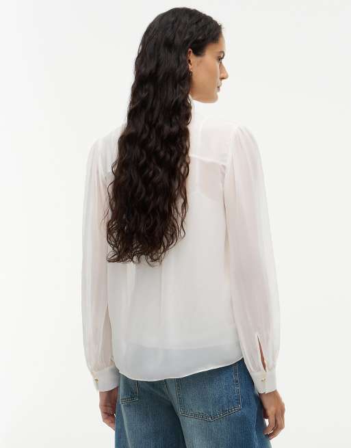 Tommy Hilfiger blouse coupe regular en georgette froissée à nœud blanche, 4 de 6