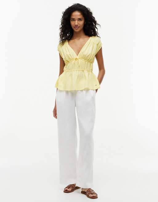 Tommy Hilfiger blouse smock sans manches coupe regular en lin, couleur citronella, 2 de 6