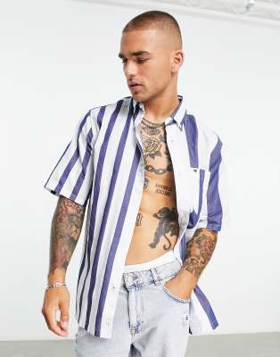 Tommy Hilfiger blown up varied stripe short sleeve shirt custom fit in navy - ASOS Price Checker