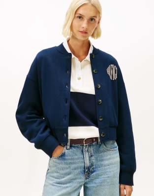 Tommy Hilfiger - Bomber-Strickjacke aus Flex-Fleece in Dunkelblau mit Logo und lockerem Schnitt
