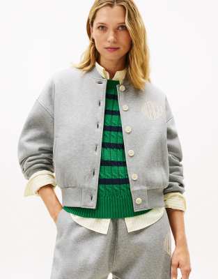 Tommy Hilfiger - Bomber-Strickjacke aus Flex-Fleece in Hellgrau mit Logo und lockerem Schnitt