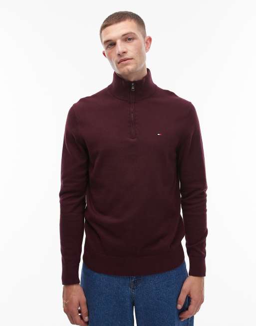 Tommy Hilfiger – Bordowy klasyczny sweter bawełniany z zapięciem na suwak pod szyją