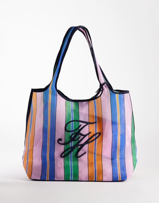 Tommy Hilfiger - Borsa da mare in rete multicolore con logo con scritta