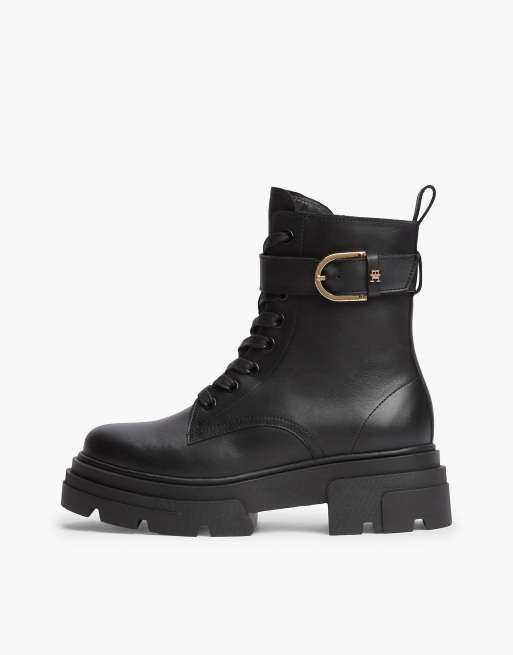 Tommy Hilfiger bottes à lacets chunky en cuir imperméables noires, 7 de 7