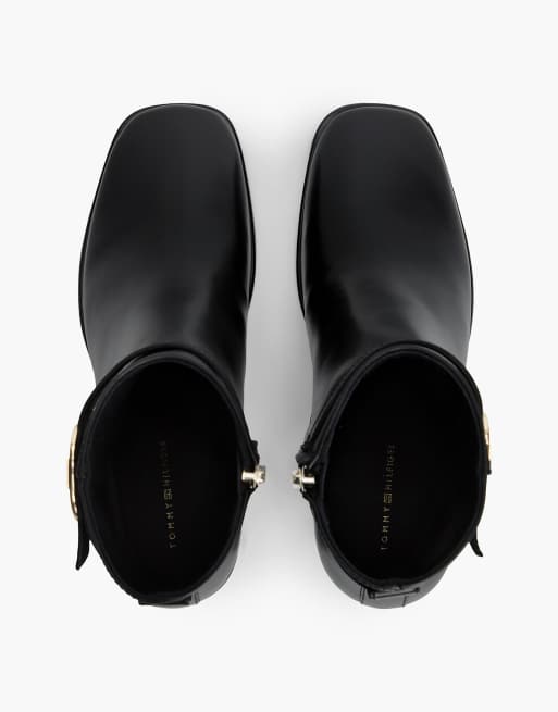 Tommy Hilfiger bottines à talon carré en cuir noir avec bride à boucle, 3 de 7
