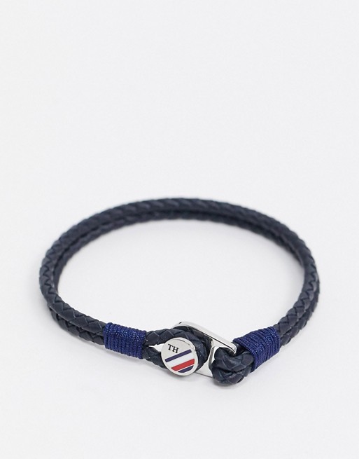 Tommy Hilfiger braided leather bracelet in navy with metal button fastening