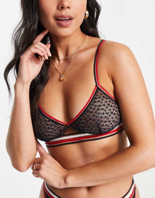 Tommy Hilfiger - Brassière a triangolo in rete di misto nylon blu navy trasparente con motivo di stelle - NAVY