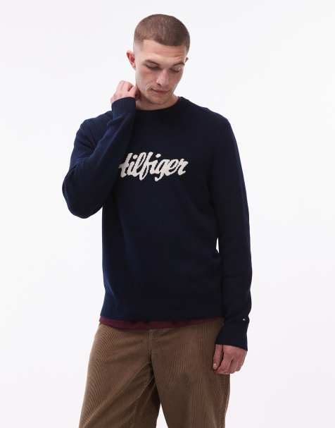Tommy Hilfiger bubble script graphic large center logo sweater in navy - view 1