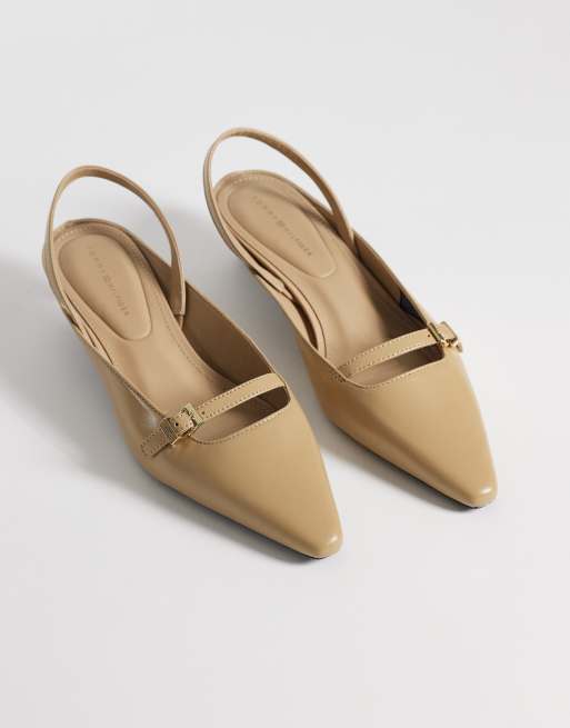 Tommy Hilfiger buckle slingback kitten heels in beige, 2 of 4