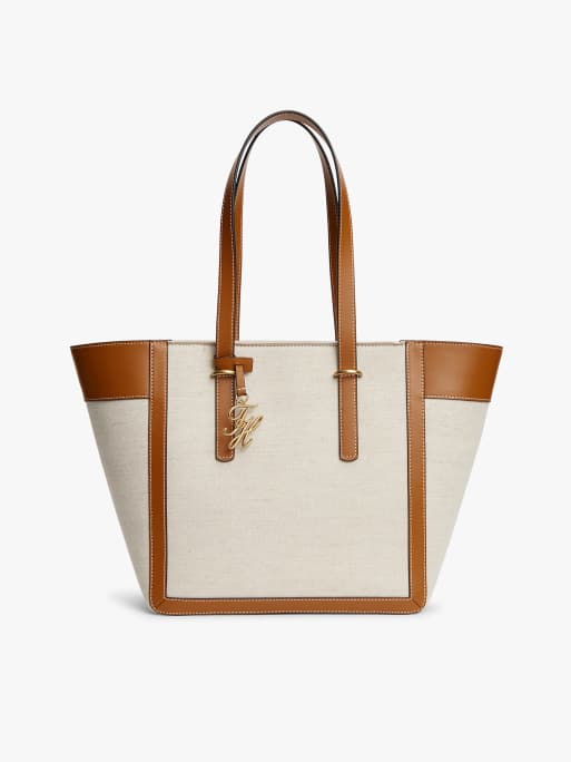 Tommy Hilfiger - Cabas en toile de lin mélangé avec breloque logo - Marron multicolore
