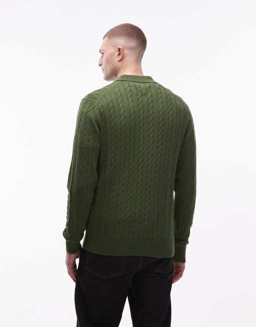 Tommy Hilfiger cable knit long sleeve polo in army green, 3 of 5