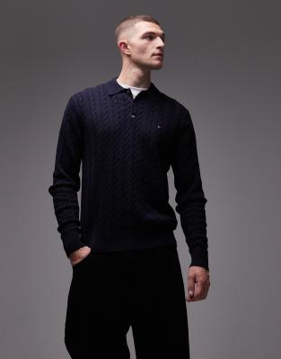 Tommy Hilfiger cable knit long sleeve polo shirt in navy