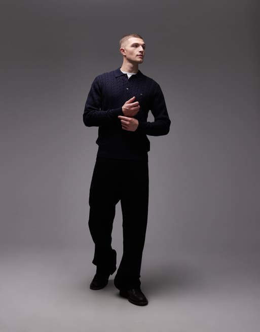 Tommy Hilfiger cable knit long sleeve polo shirt in navy, 2 of 5