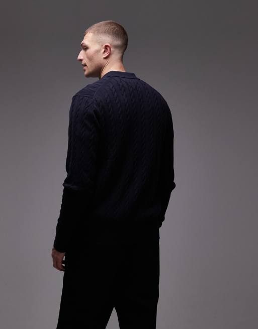 Tommy Hilfiger cable knit long sleeve polo shirt in navy, 3 of 5