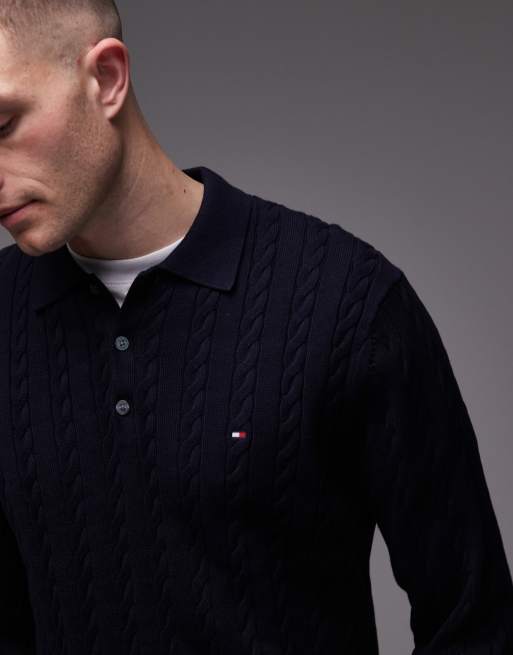 Tommy Hilfiger cable knit long sleeve polo shirt in navy, 4 of 5