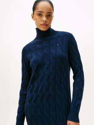 Women's Navy Sweater Dress Tommy Hilfiger Cable Knit Midi Soft Wool Jumper  Dress In Dark Blue ASOS