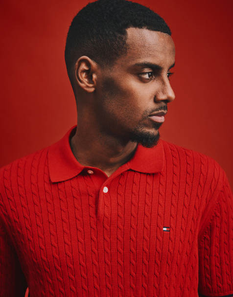 Tommy Hilfiger Cable knit short sleeve polo jumper in red - view 1