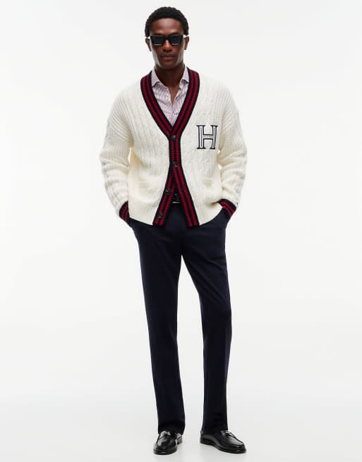 Tommy Hilfiger Cable knit wool blend letterman cardigan in ivory petal, 2 of 7