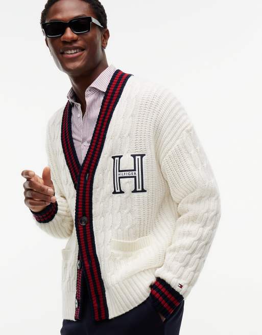 Tommy Hilfiger Cable knit wool blend letterman cardigan in ivory petal, 3 of 7