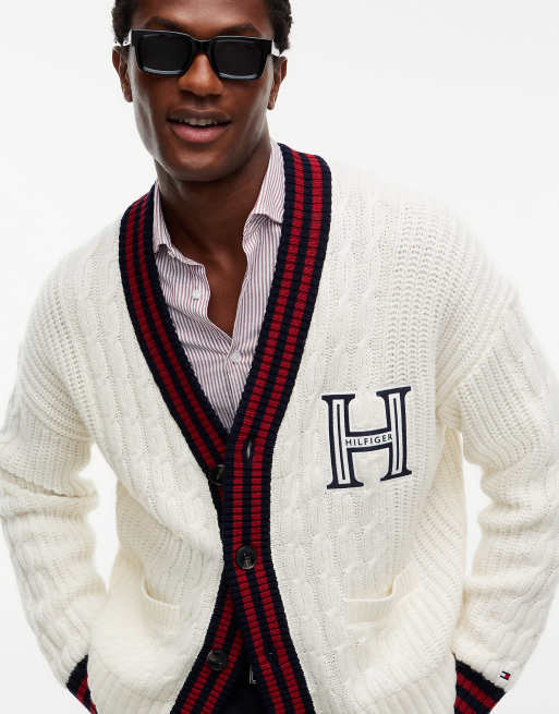 Tommy Hilfiger Cable knit wool blend letterman cardigan in ivory petal, 4 of 7