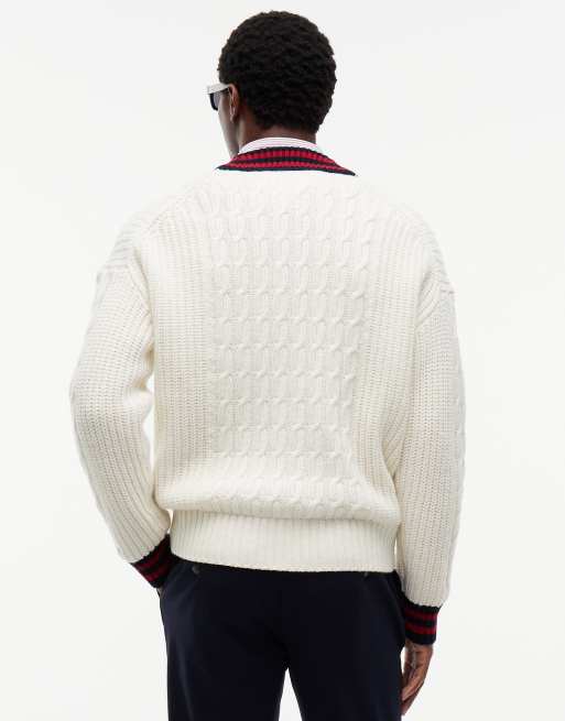 Tommy Hilfiger Cable knit wool blend letterman cardigan in ivory petal, 5 of 7