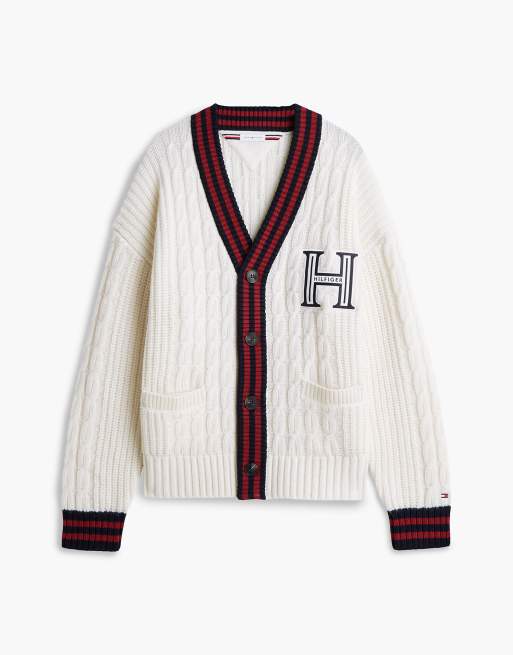 Tommy Hilfiger Cable knit wool blend letterman cardigan in ivory petal, 6 of 7