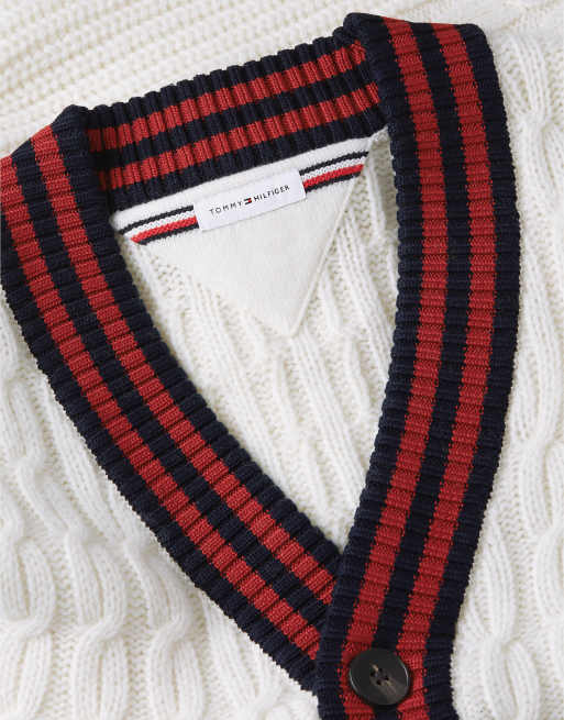 Tommy Hilfiger Cable knit wool blend letterman cardigan in ivory petal, 7 of 7