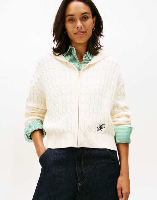 Tommy Hilfiger Cable knit zip-thru hoody in beige