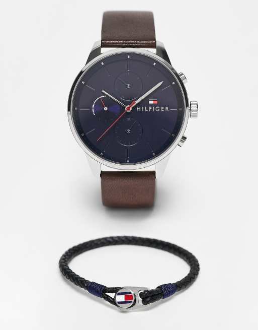 Tommy Hilfiger Cadeauset voor heren met leren horloge en gevlochten armband in bruin