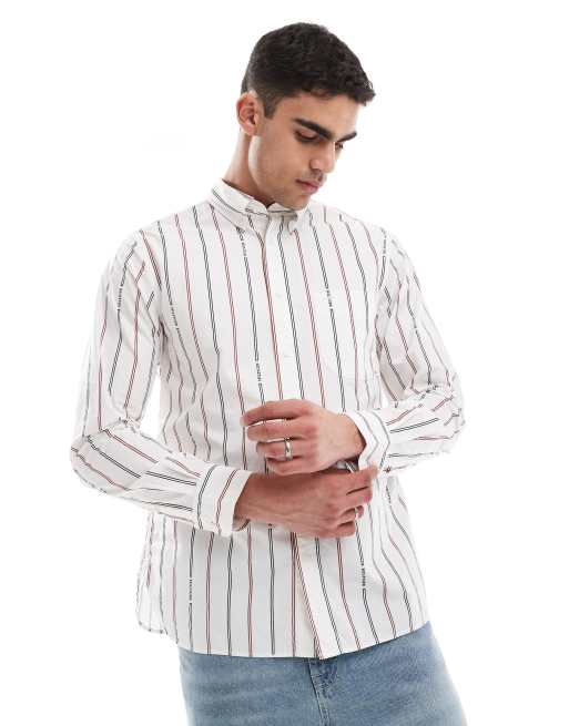 Tommy Hilfiger - Camicia a maniche lunghe bianca e multicolore a righe