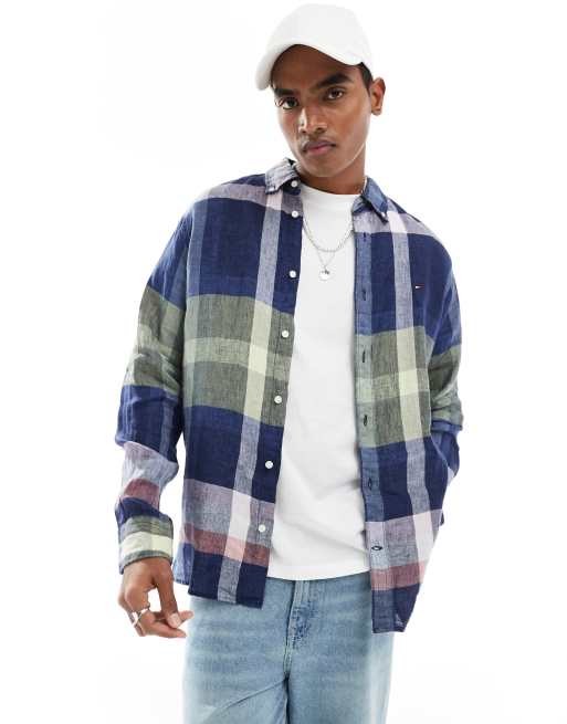 Tommy Hilfiger - Camicia blu navy a quadri multicolore in lino