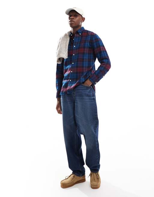 Tommy Hilfiger - Camicia blu navy e bordeaux a quadri spazzolata