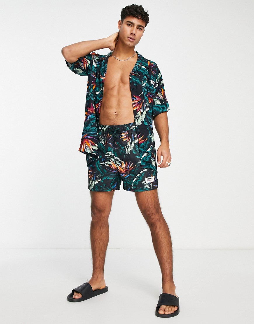 tommy hilfiger - camicia con stampa tropicale in coordinato-nero