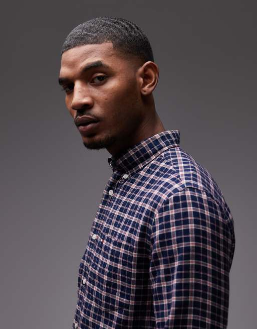 Tommy Hilfiger - Camicia in lino pettinato color blu navy a quadri medi, 4 di 5
