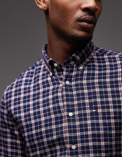 Tommy Hilfiger - Camicia in lino pettinato color blu navy a quadri medi, 5 di 5