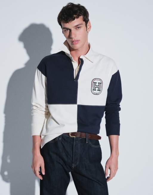 Tommy Hilfiger - Camicia stile rugby color crema con logo stile college a scacchi, 3 di 9