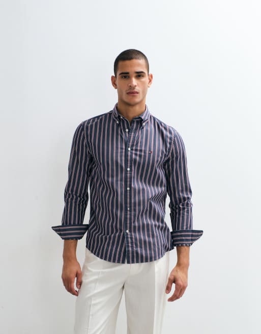 Tommy Hilfiger - Camisa azul marino a rayas de popelina flexible de lino, 2 de 9
