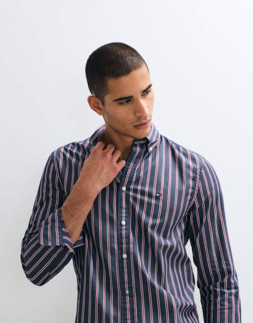 Tommy Hilfiger - Camisa azul marino a rayas de popelina flexible de lino, 3 de 9