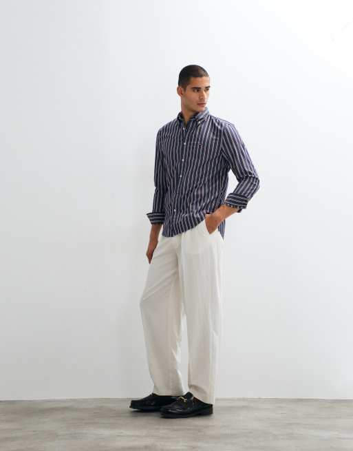 Tommy Hilfiger - Camisa azul marino a rayas de popelina flexible de lino, 4 de 9