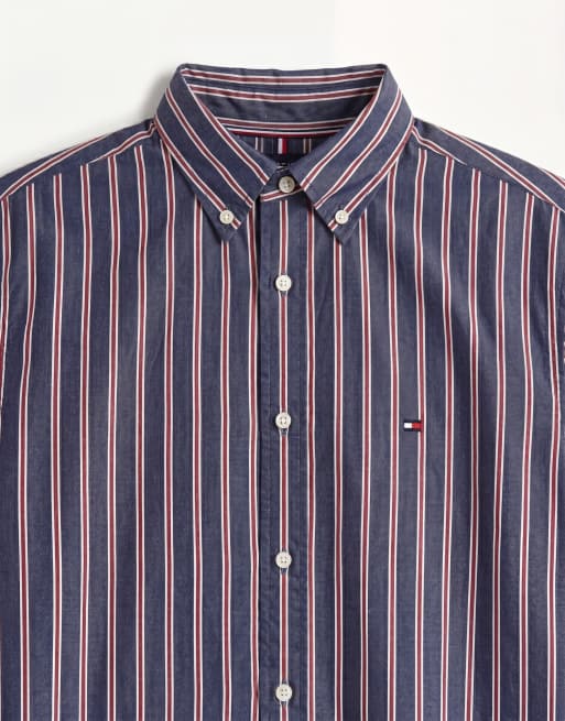 Tommy Hilfiger - Camisa azul marino a rayas de popelina flexible de lino, 9 de 9