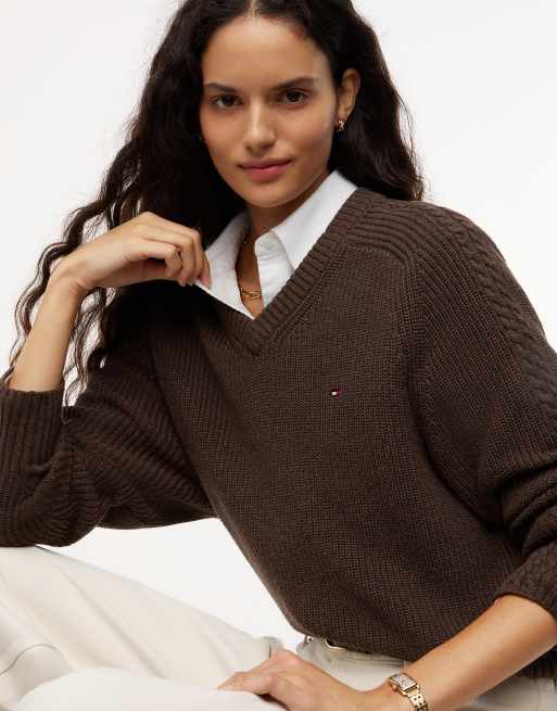 Tommy Hilfiger Cardigan stitch relaxed v-neck jumper in toasted nutmeg heather, 3 of 6