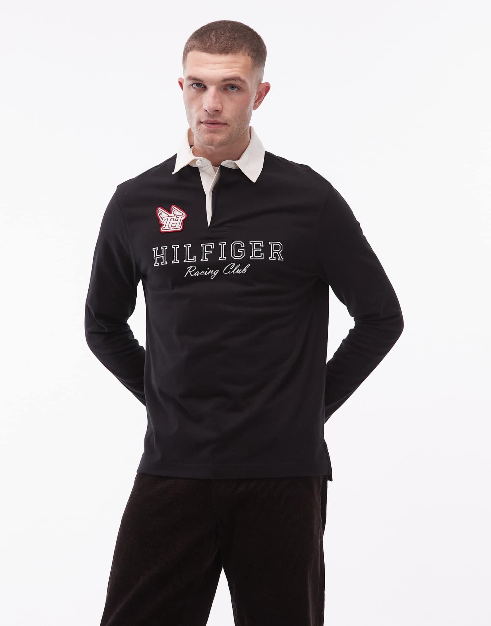 Футболка-поло для регби с логотипом Tommy Hilfiger center racing athleisure с длинным рукавом черного цвета
