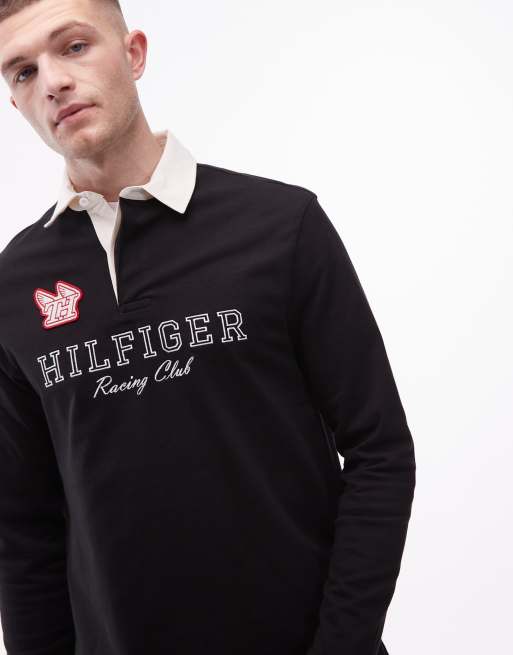 Tommy Hilfiger centre Racing logo athleisure long sleeve rugby polo shirt in black, 3 of 5