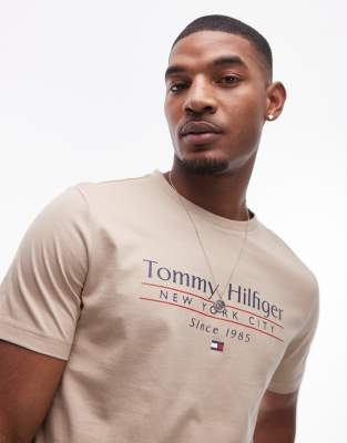 Tommy Hilfiger centre stack linear logo t-shirt in beige-Neutral