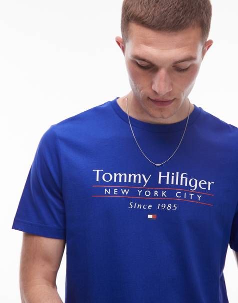 Tommy Hilfiger centre stack linear logo t-shirt in bright blue - view 1