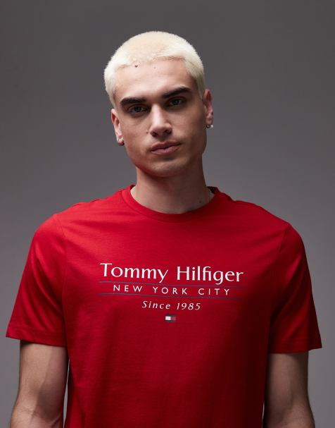 Tommy Hilfiger centre stack linear logo t-shirt in red - view 1