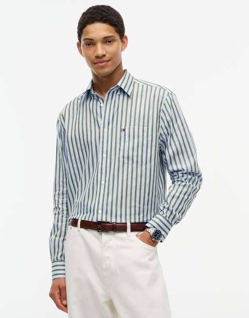 Tommy Hilfiger chemise à rayures en mélange de lin coupe relaxed vert multicolore, 1 de 6