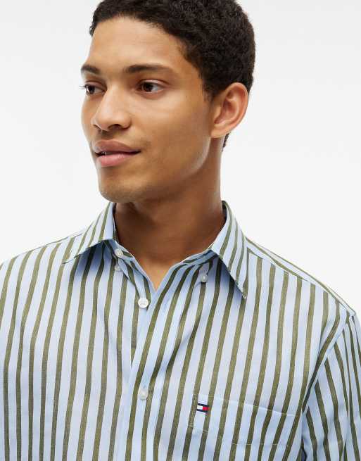 Tommy Hilfiger chemise à rayures en mélange de lin coupe relaxed vert multicolore, 3 de 6